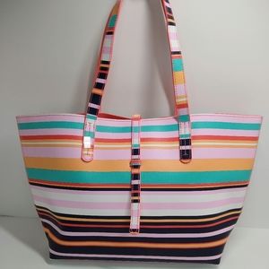 Multi-Striped Large Vegan Leather 2Handle Pool Beach Vacation Summer Tote Bag